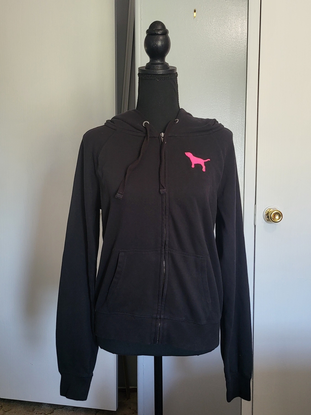 Victoria's Secret Black Zip Hoodie with Pink Dog Logo